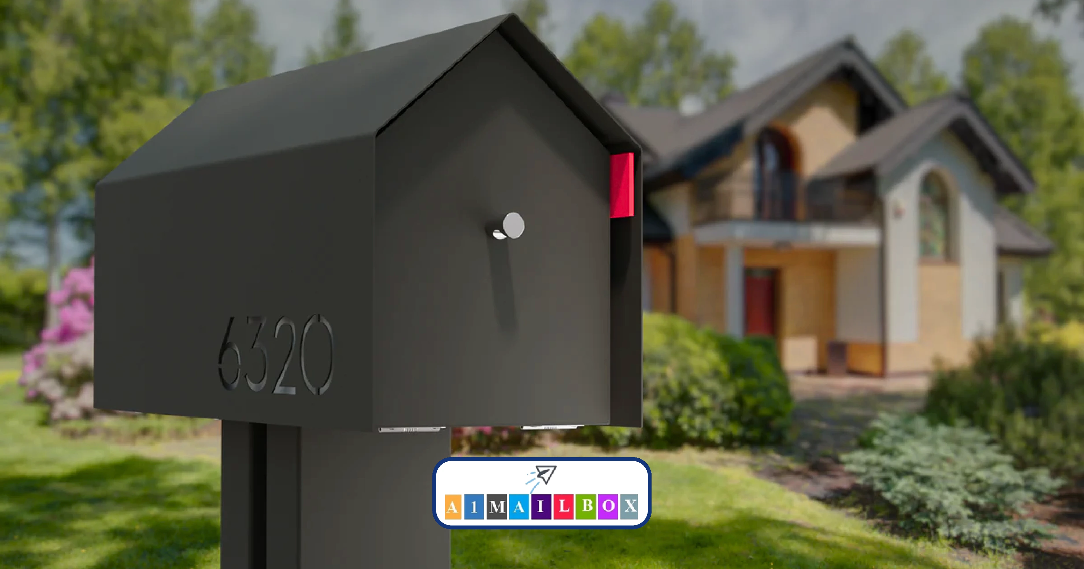 Stylish modern mailbox with street address number in front of a beautiful home – discover how the right mailbox design can boost curb appeal and security. width=
